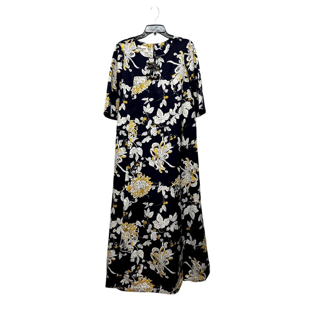 Vintage 70s Pomare Hawaii Navy Floral Frog Closure Column Maxi Dress 10